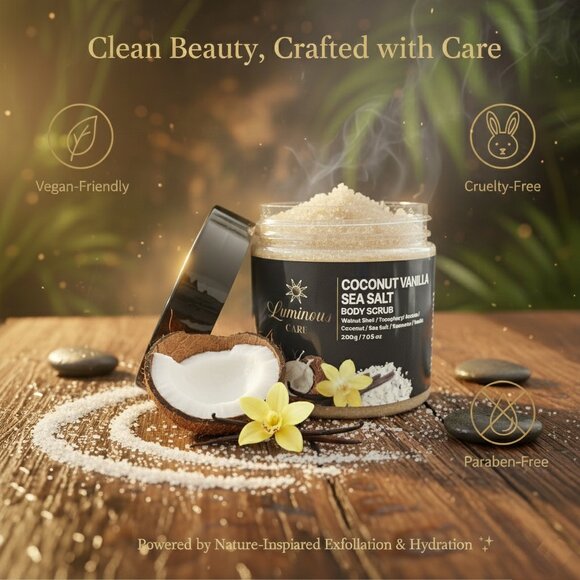 Luminous Care Coconut Vanilla Body Scrub | Sea Salt + Walnut Shell Exfoliating 2 - Picture 10 of 10